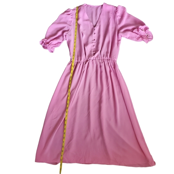 Vintage 80s Pink Semi Sheer Button Front Short Sleeve Bluson Day Dress - Picture 6 of 9